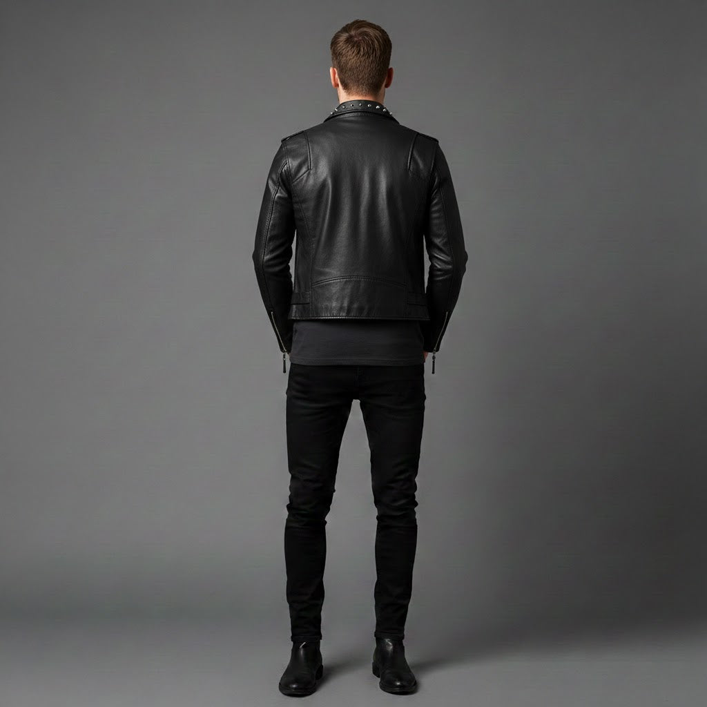 Men’s Black Studded Leather Biker Jacket – Genuine Moto Jacket with Silver Studs