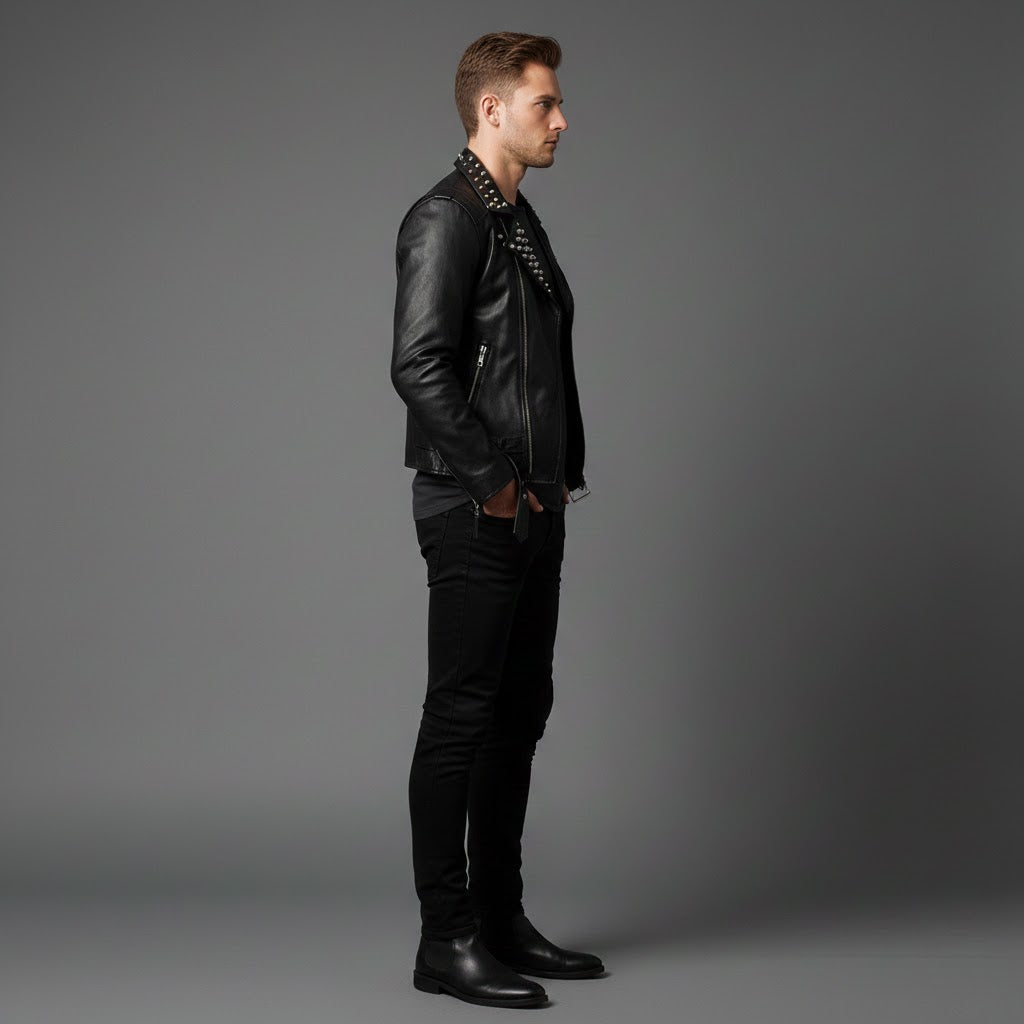 Men’s Black Studded Leather Biker Jacket – Genuine Moto Jacket with Silver Studs