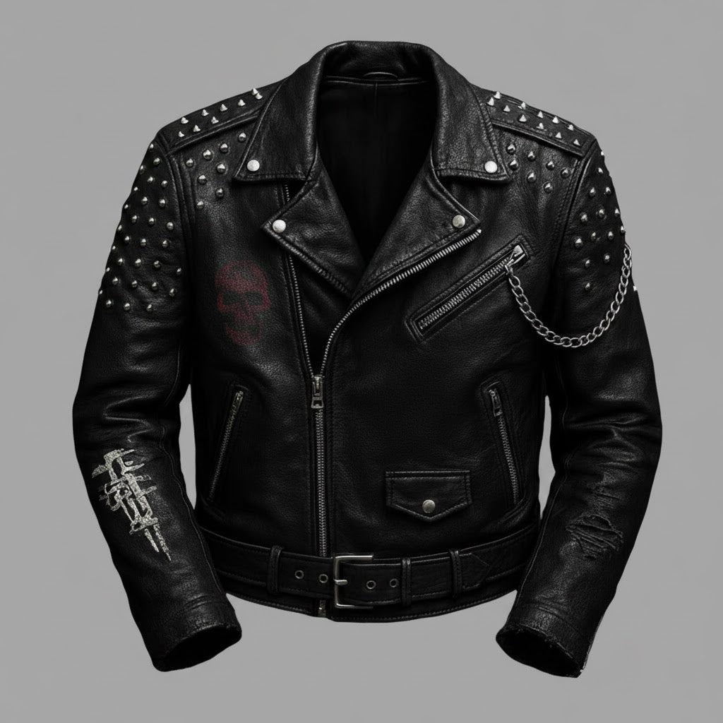 Signature Obsidian Skull Bikerjacke aus Leder – Handbesetzter Motorrad-Stil