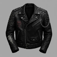 Load image into Gallery viewer, Signature Obsidian Skull Leather Biker Jacket – Hand-Studded Moto Style
