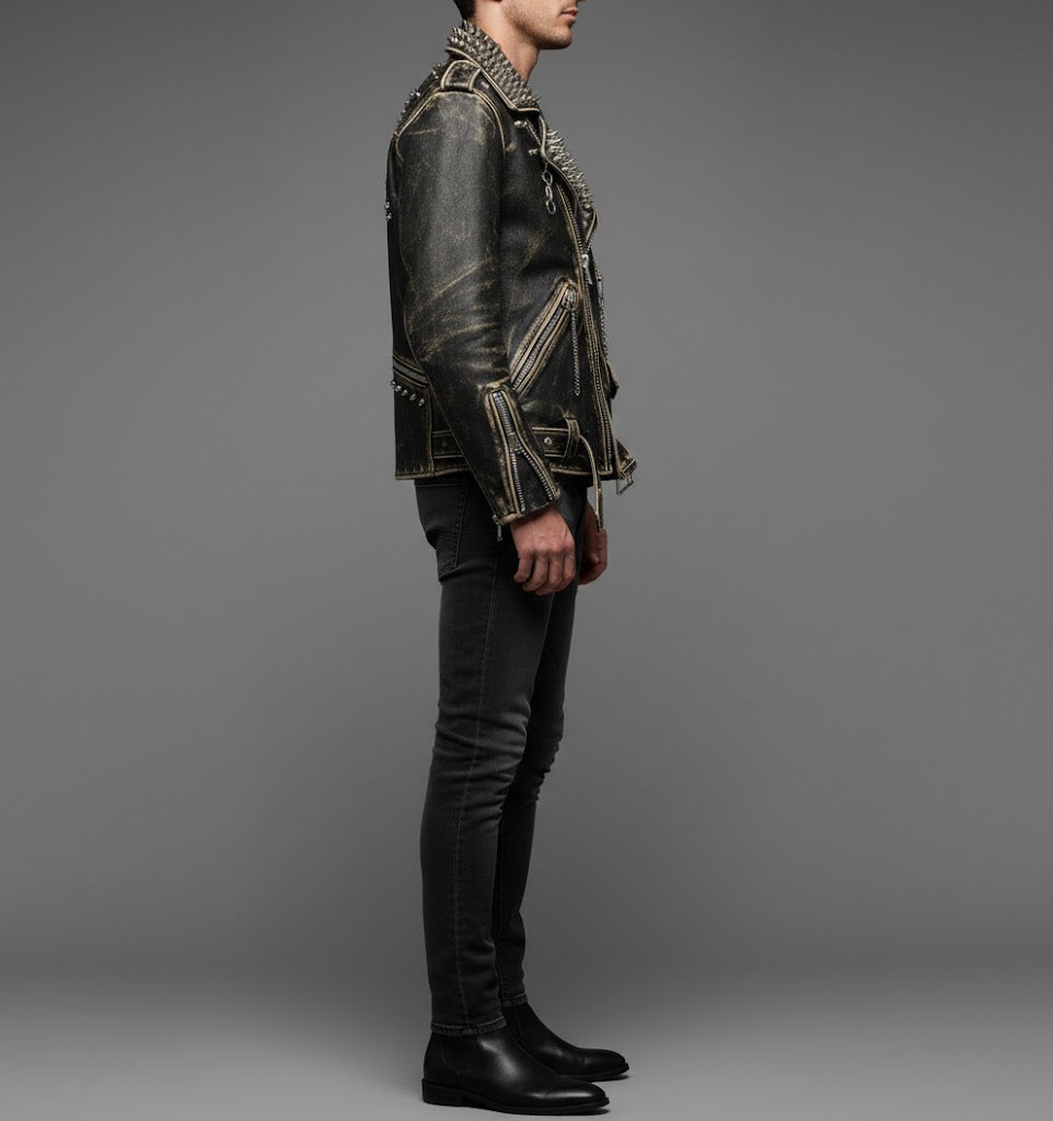Men’s Black Spiked & Studded Leather Biker Jacket – Genuine Moto Style