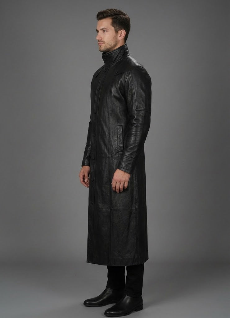 Men’s Deux Black Leather Duster Coat – Classic Long Western Overcoat
