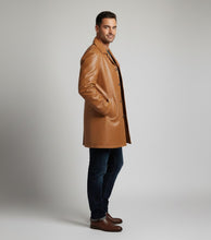 Load image into Gallery viewer, Men’s Camel Brown Leather Car Coat – Classic Driver Long Jacket
