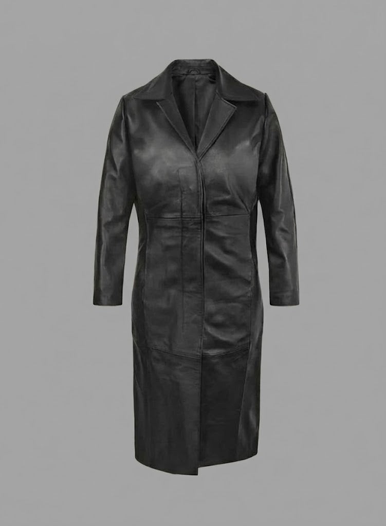 Damen Schwarzer Echtleder-Mantel – Klassischer eleganter Trenchcoat