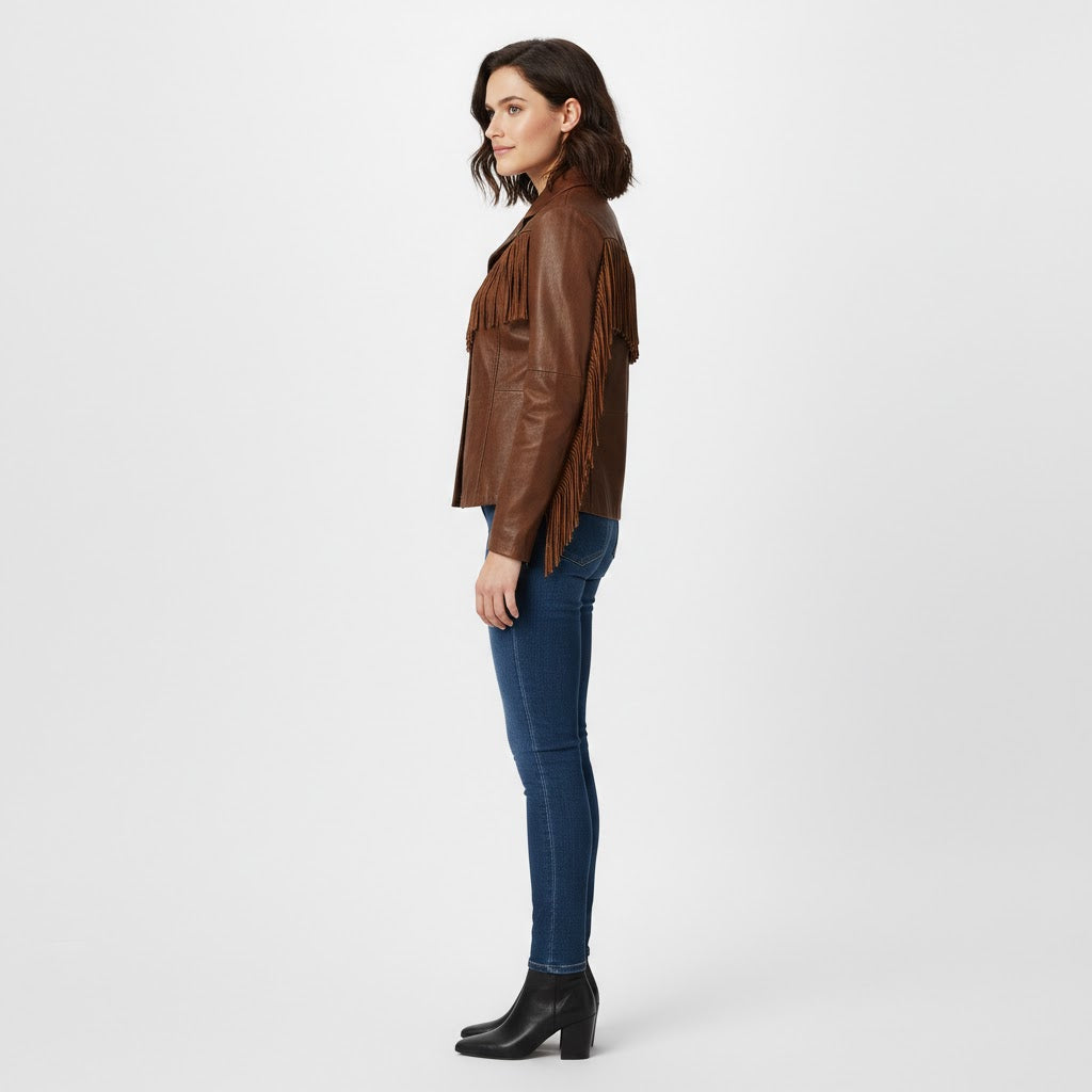 Classic Brown Leather Western Jacket with Fringe