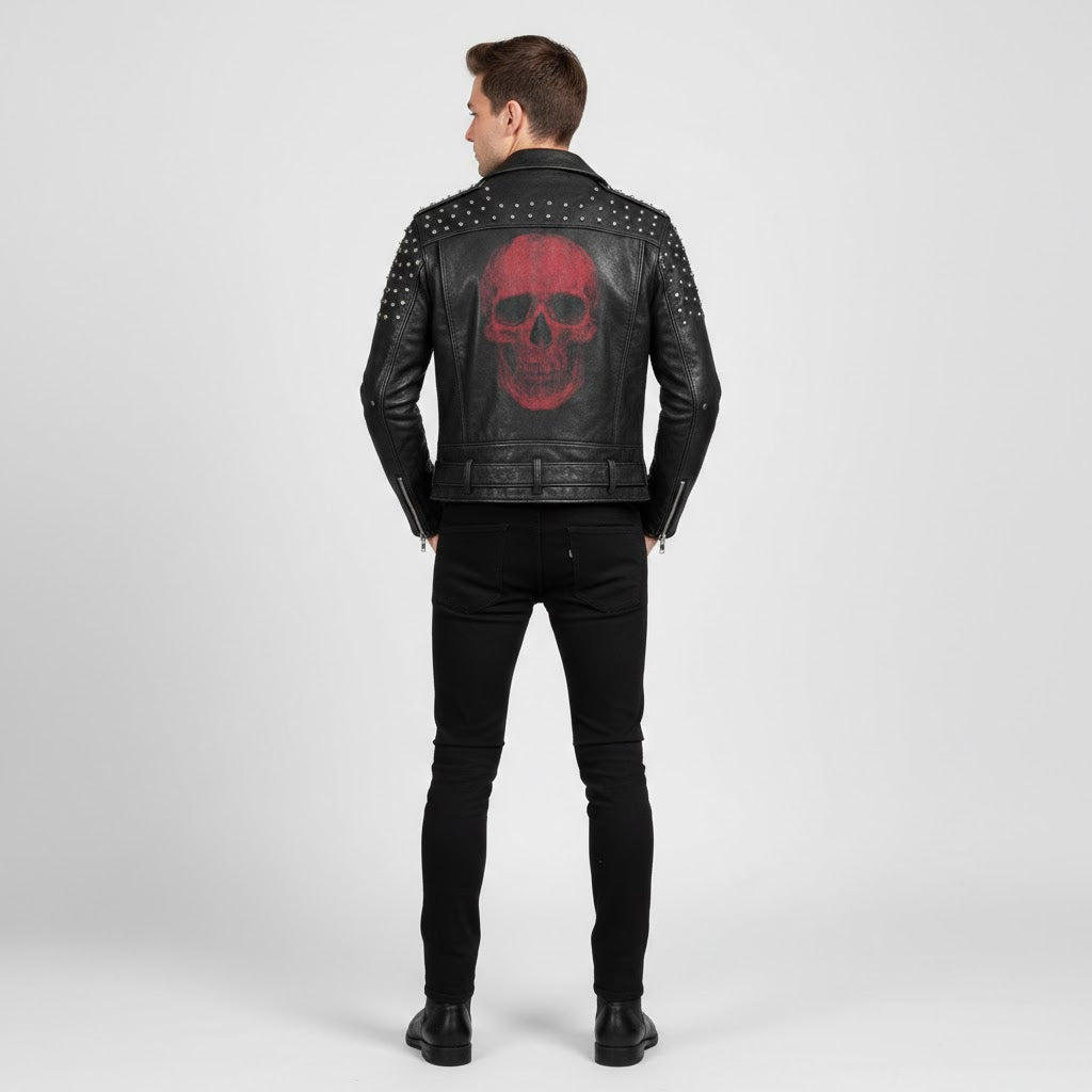 Signature Obsidian Skull Bikerjacke aus Leder – Handbesetzter Motorrad-Stil