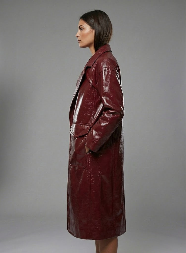 Damen Zweireihiger Leder-Trenchcoat – Eleganter, klassischer langer Übermantel