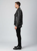 Men’s Black Spiked Leather Biker Jacket – Genuine Moto Jacket with Silver Studs