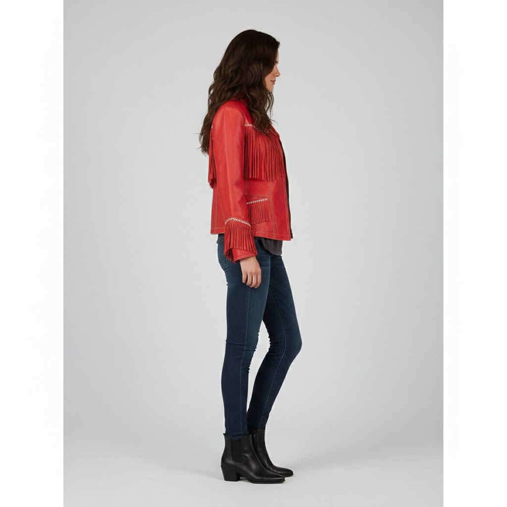 Women's Fringe Red Leather Jacket