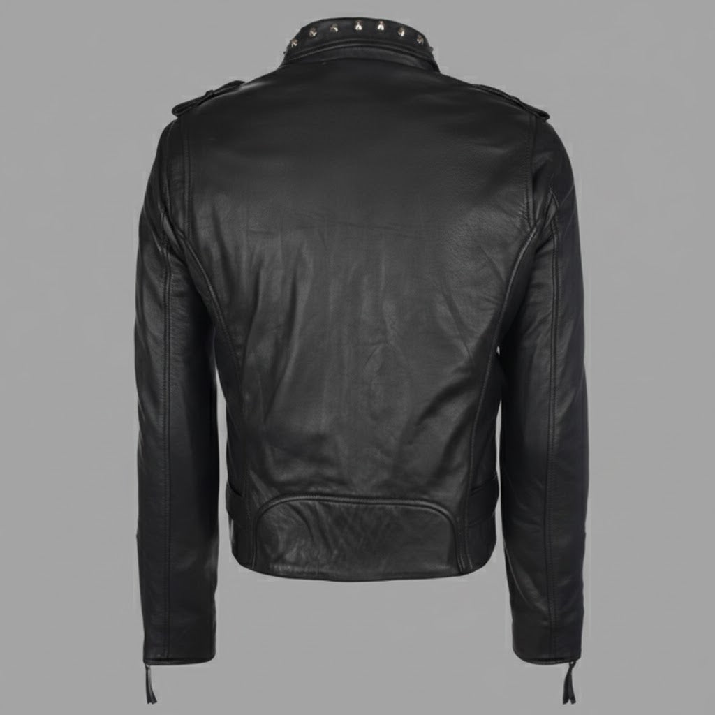 Men’s Black Studded Leather Biker Jacket – Genuine Moto Jacket with Silver Studs