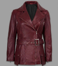 Load image into Gallery viewer, Women’s Burgundy Real Leather Biker Jacket – Classic Moto Style
