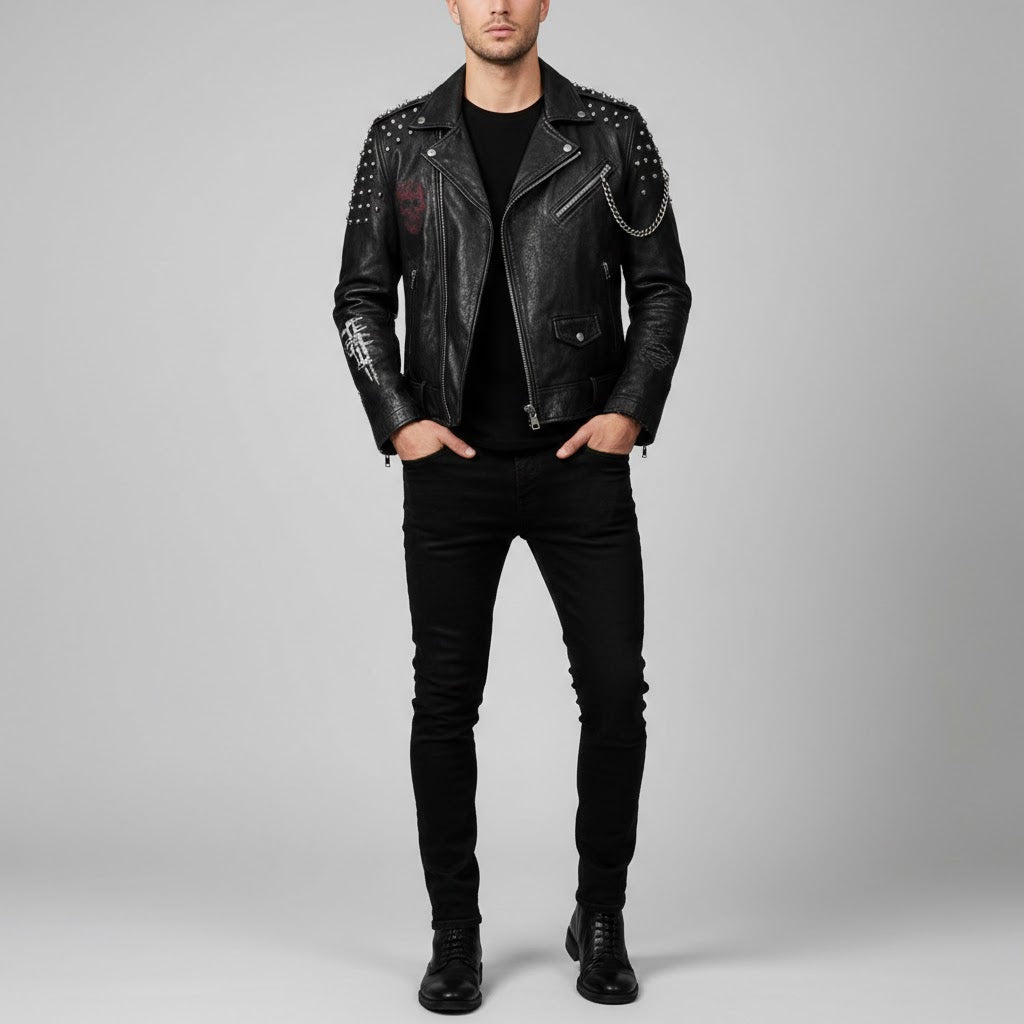 Signature Obsidian Skull Bikerjacke aus Leder – Handbesetzter Motorrad-Stil