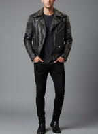 Men’s Black Spiked Leather Biker Jacket – Genuine Moto Jacket with Silver Studs