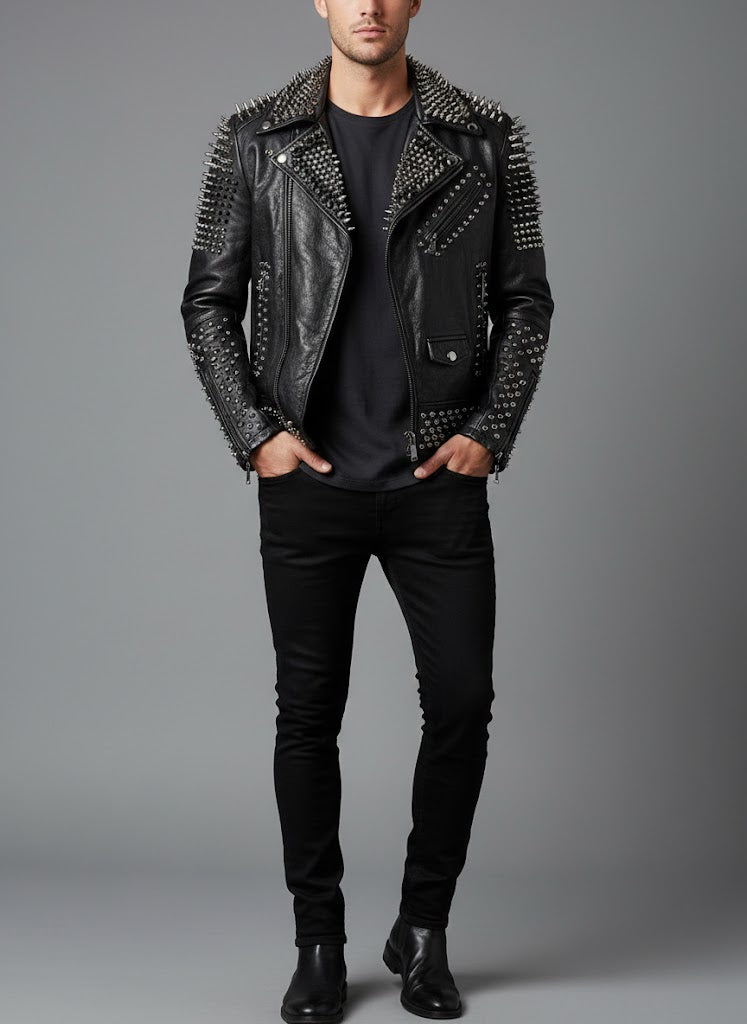 Men’s Black Spiked Leather Biker Jacket – Genuine Moto Jacket with Silver Studs