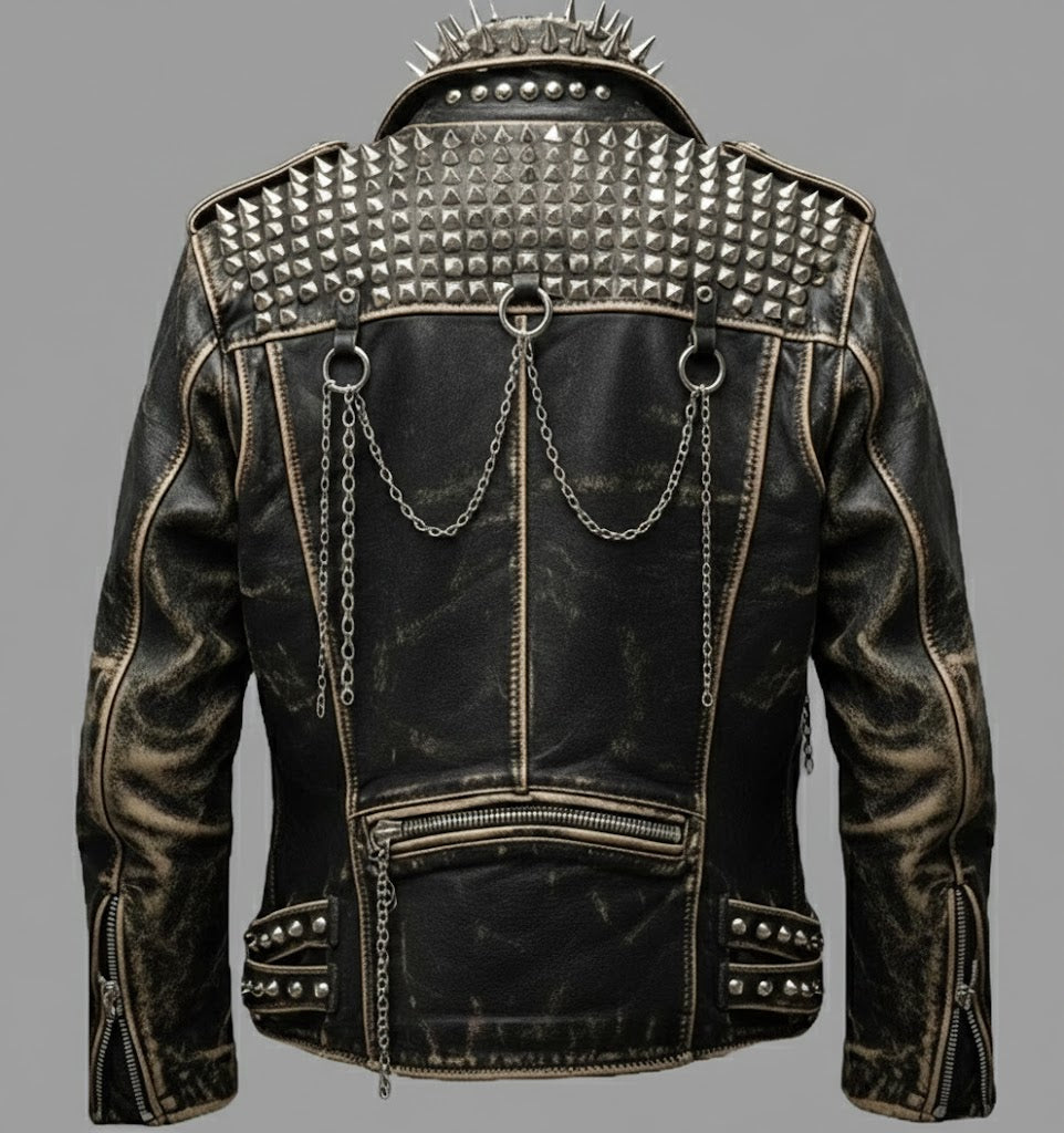 Men’s Black Spiked & Studded Leather Biker Jacket – Genuine Moto Style