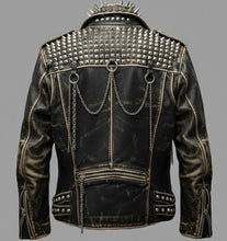 Load image into Gallery viewer, Men’s Black Spiked &amp; Studded Leather Biker Jacket – Genuine Moto Style
