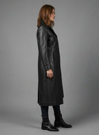 Damen Schwarzer Echtleder-Mantel – Klassischer eleganter Trenchcoat