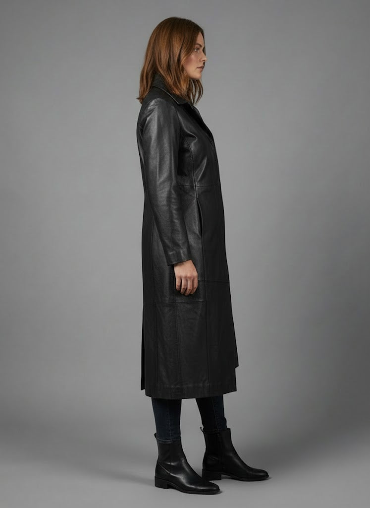 Damen Schwarzer Echtleder-Mantel – Klassischer eleganter Trenchcoat