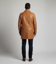 Load image into Gallery viewer, Men’s Camel Brown Leather Car Coat – Classic Driver Long Jacket
