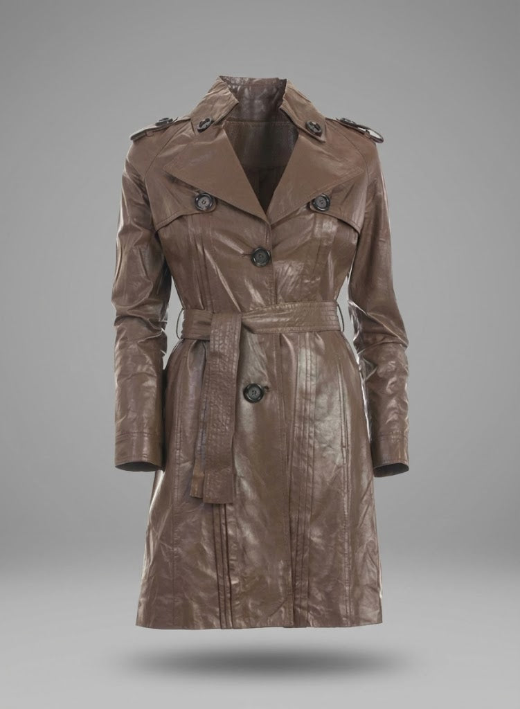 Damen Trenchcoat aus braunem Leder – Eleganter klassischer langer Mantel
