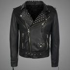 Men’s Black Studded Leather Biker Jacket – Genuine Moto Jacket with Silver Studs