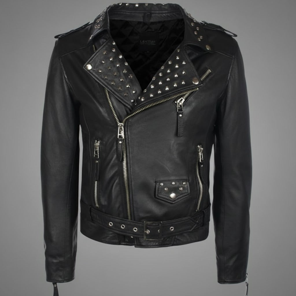 Men’s Black Studded Leather Biker Jacket – Genuine Moto Jacket with Silver Studs