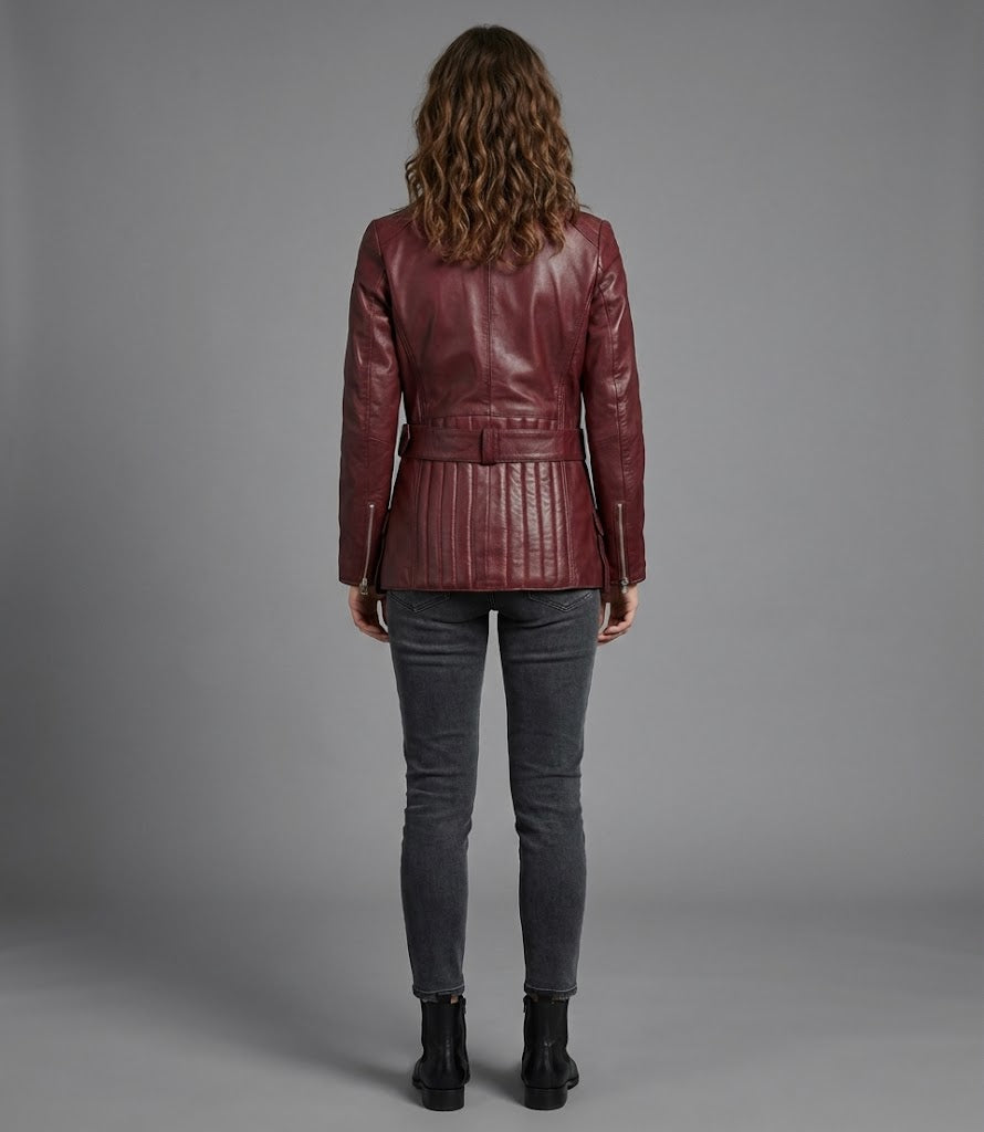 Damen Bikerjacke aus echtem weinrotem Leder – Klassischer Moto-Stil