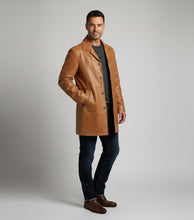 Load image into Gallery viewer, Men’s Camel Brown Leather Car Coat – Classic Driver Long Jacket
