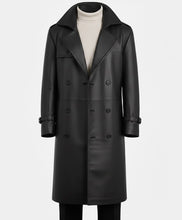 Load image into Gallery viewer, Delmar Men’s Black Leather Double-Breasted Coat – Luxury Classic Overcoat
