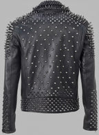 Men’s Black Spiked Leather Biker Jacket – Genuine Moto Jacket with Silver Studs