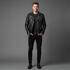 Men’s Black Studded Leather Biker Jacket – Genuine Moto Jacket with Silver Studs