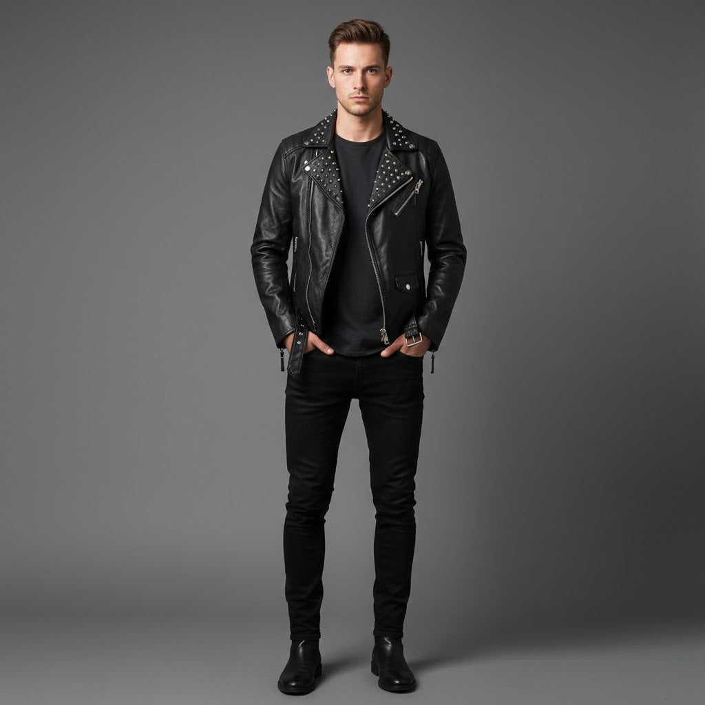 Men’s Black Studded Leather Biker Jacket – Genuine Moto Jacket with Silver Studs