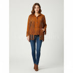 Women Tan Western fringes suede leather jacket