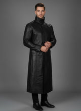 Load image into Gallery viewer, Men’s Deux Black Leather Duster Coat – Classic Long Western Overcoat
