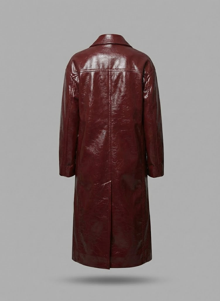 Damen Zweireihiger Leder-Trenchcoat – Eleganter, klassischer langer Übermantel