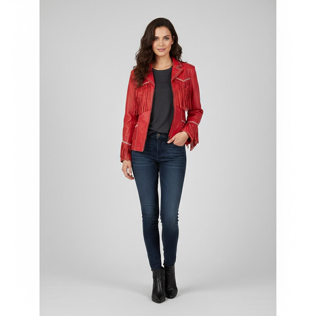 Women's Red Fringe Leather Jacket - Leather Outlet