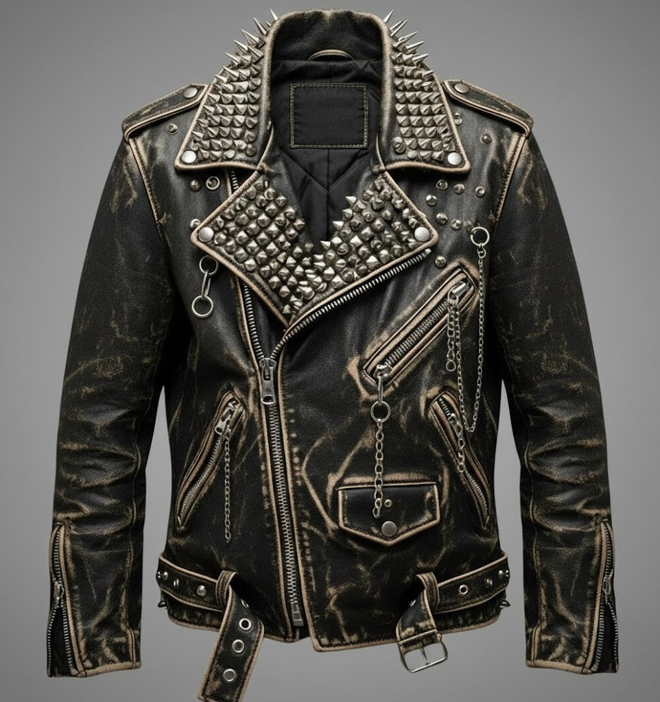 Men’s Black Spiked & Studded Leather Biker Jacket – Genuine Moto Style