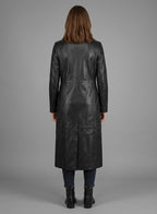 Damen Schwarzer Echtleder-Mantel – Klassischer eleganter Trenchcoat
