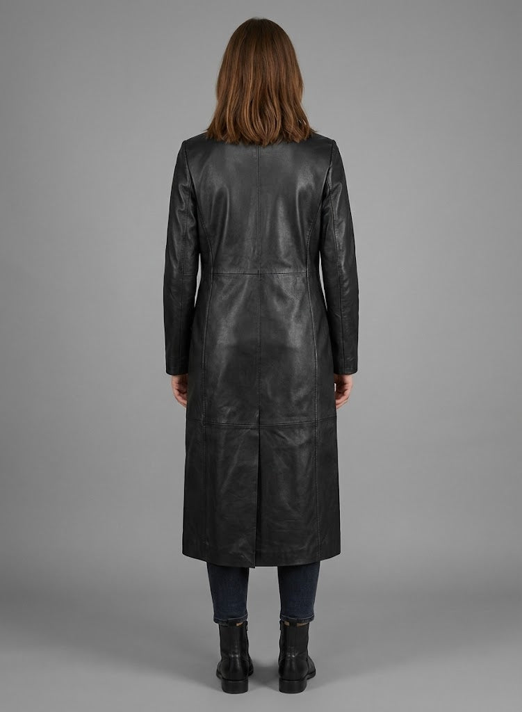 Damen Schwarzer Echtleder-Mantel – Klassischer eleganter Trenchcoat