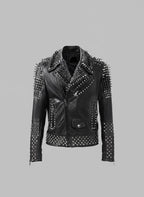 Men’s Black Spiked Leather Biker Jacket – Genuine Moto Jacket with Silver Studs