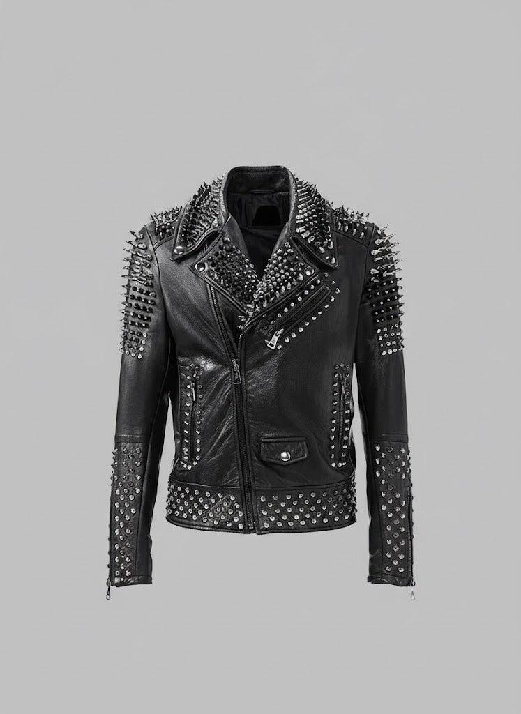 Men’s Black Spiked Leather Biker Jacket – Genuine Moto Jacket with Silver Studs