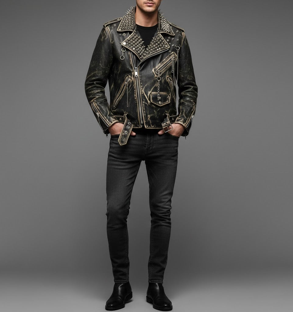 Men’s Black Spiked & Studded Leather Biker Jacket – Genuine Moto Style