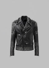 Laden Sie das Bild in den Galerie-Viewer, Herren Schwarze Leder-Bikerjacke mit Nieten – Original Motorradjacke mit silbernen Nieten
