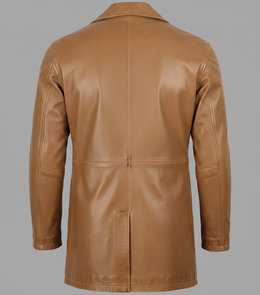 Men’s Camel Brown Leather Car Coat – Classic Driver Long Jacket