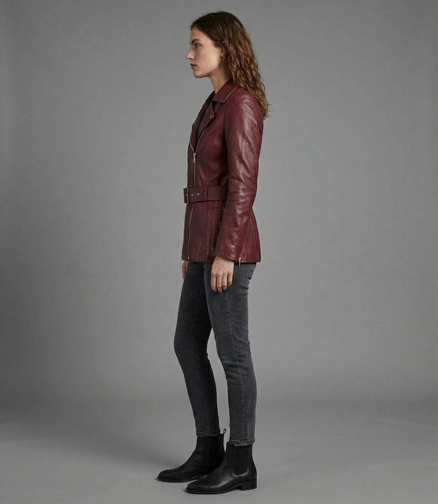 Damen Bikerjacke aus echtem weinrotem Leder – Klassischer Moto-Stil