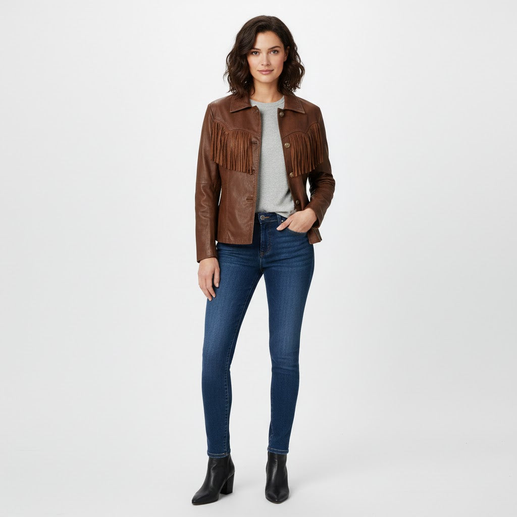Classic Brown Leather Western Jacket with Fringe