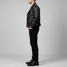 Load image into Gallery viewer, Signature Obsidian Skull Leather Biker Jacket – Hand-Studded Moto Style
