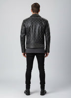 Men’s Black Spiked Leather Biker Jacket – Genuine Moto Jacket with Silver Studs