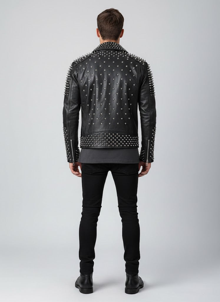 Men’s Black Spiked Leather Biker Jacket – Genuine Moto Jacket with Silver Studs