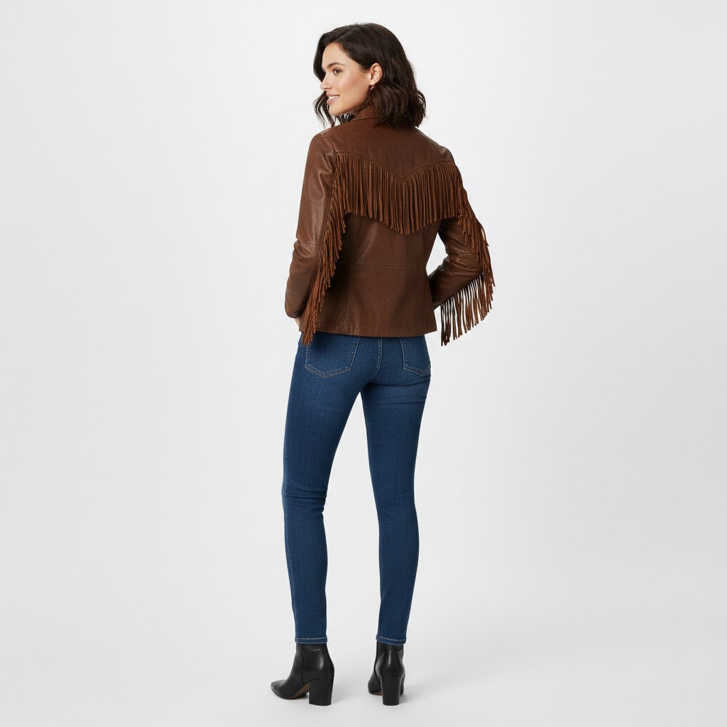 Classic Brown Leather Western Jacket with Fringe